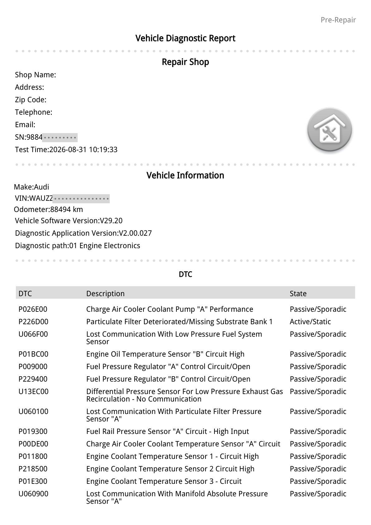 Sample vehicle diagnostic report generated by the ThinkCar ScanMate A, showing vehicle information and a full list of diagnostic trouble codes (DTCs) with descriptions and status